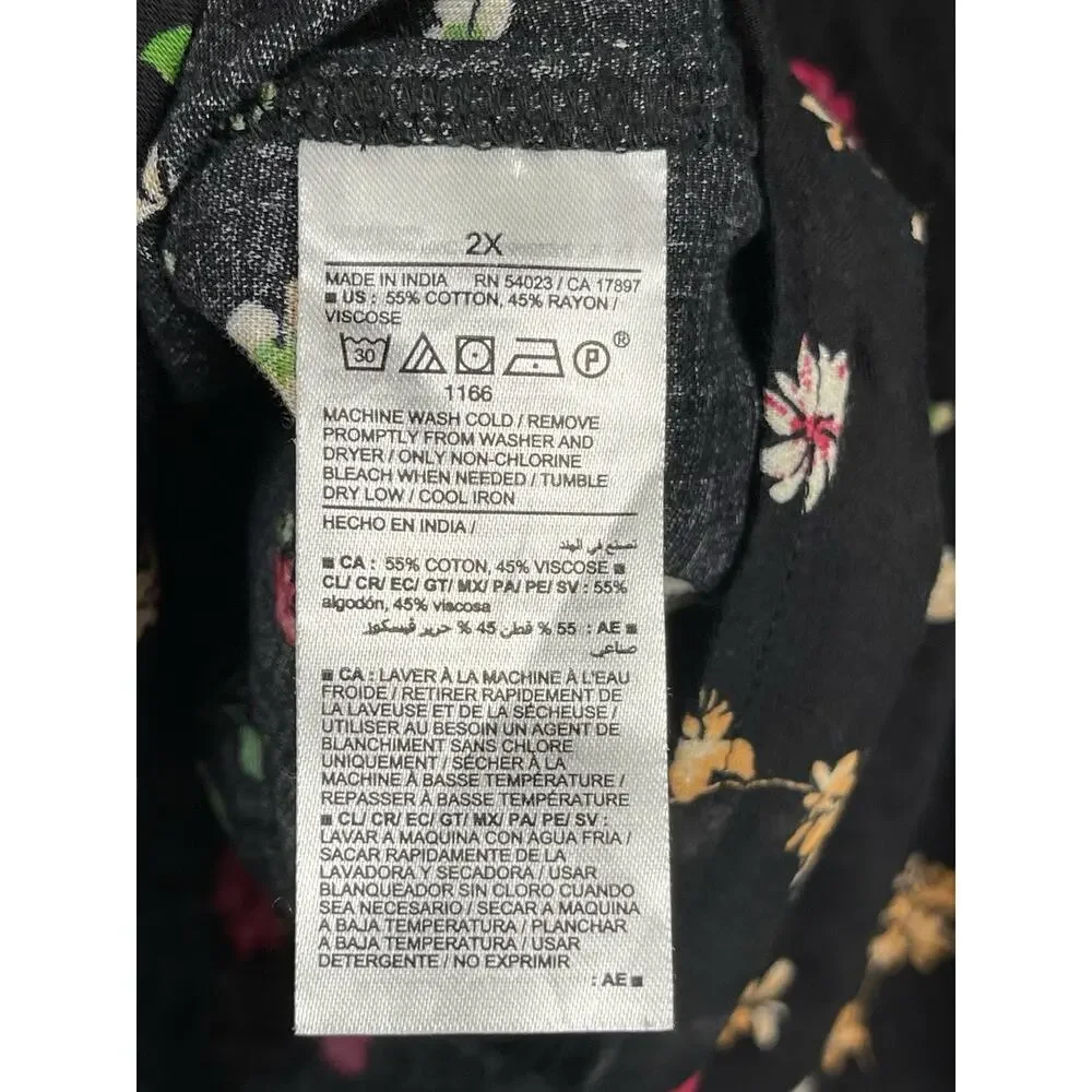 Old Navy Blouse 2X Plus Dark‎ Floral Boho Flowy Puff Sleeve Tassel Peasant Tunic